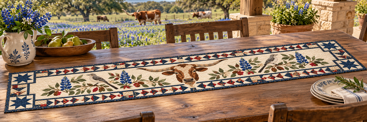 Texas Mockingbird Bluebonnets Quilted Table Runner — Outdoor