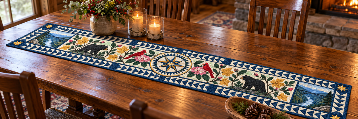 West Virginia Radiant Compass Quilted Table Runner — Indoor