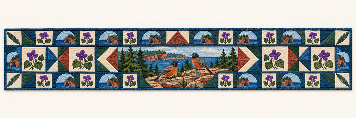 Wisconsin Robin In The Violet Woods Quilted Table Runner — Runner Design