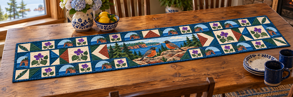Wisconsin Robin In The Violet Woods Quilted Table Runner — Indoor