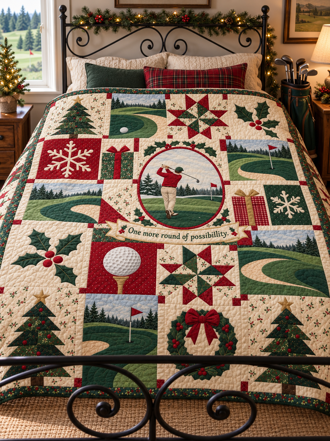 Evergreen Fairways Quilt Blanket - bed mockup