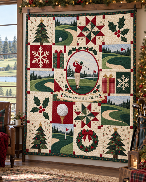 Evergreen Fairways Quilt Blanket - hanging mockup