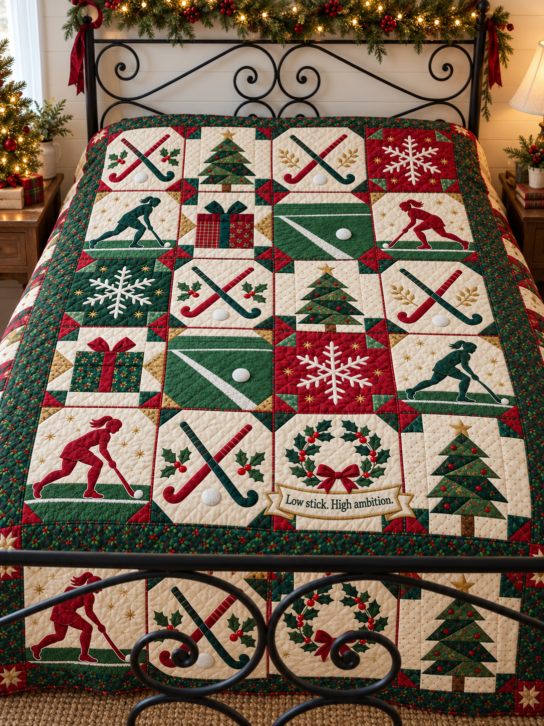 Holly Hockey Quilt Blanket - bed mockup