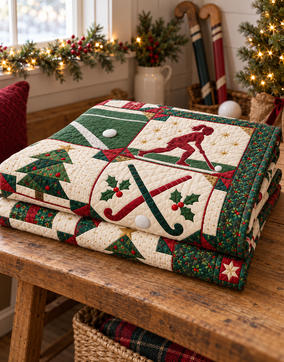 Holly Hockey Quilt Blanket - folded mockup