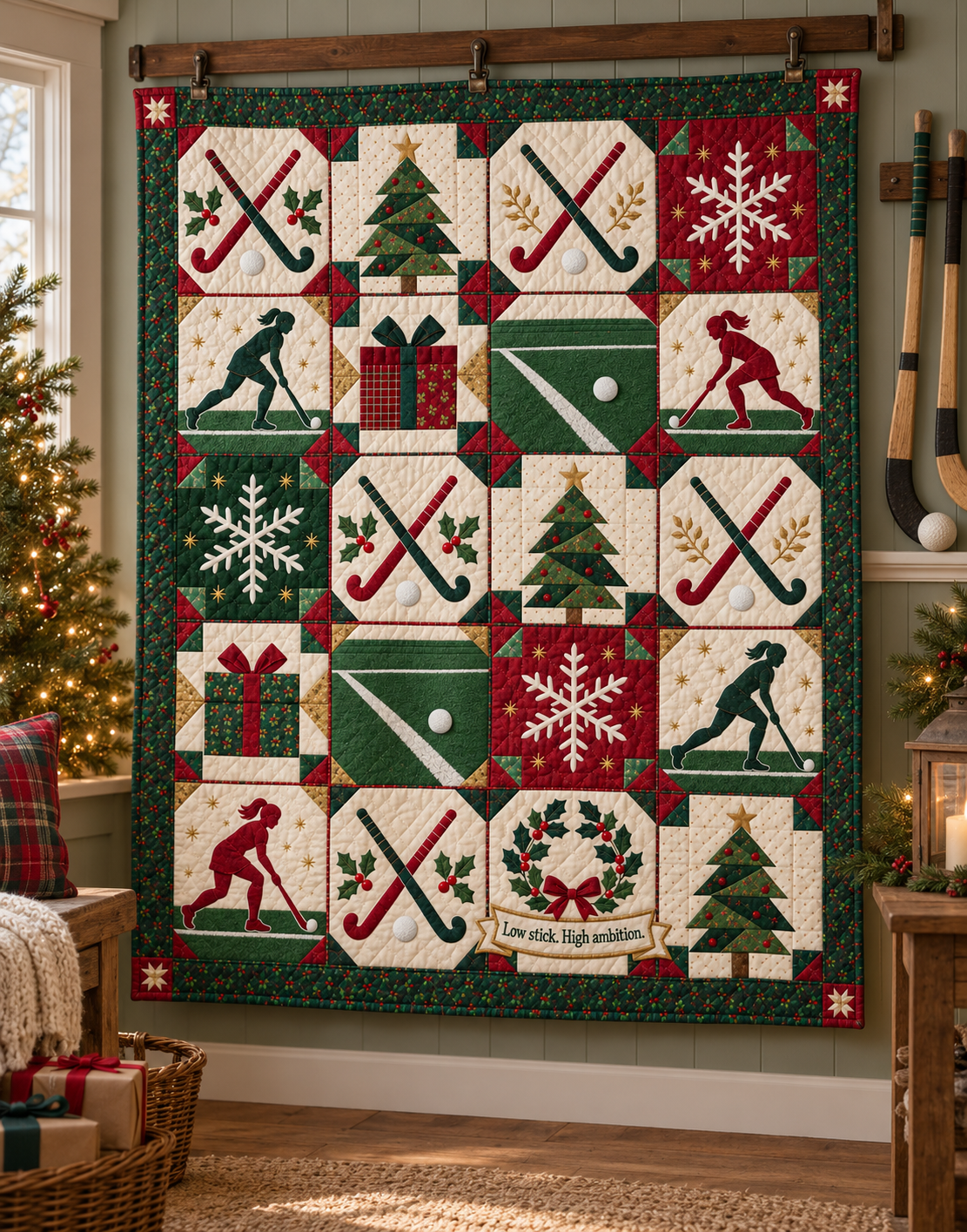 Holly Hockey Quilt Blanket - hanging mockup