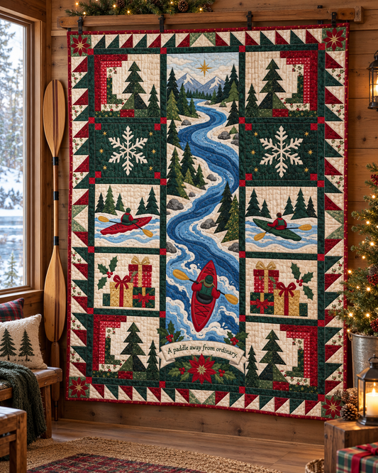 Evergreen River Journey Quilt Blanket - hanging mockup