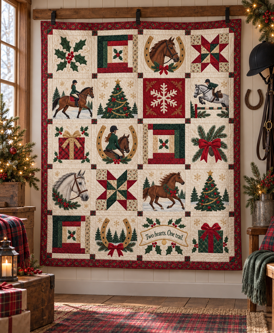 Two Hearts at Christmas Quilt Blanket - hanging mockup
