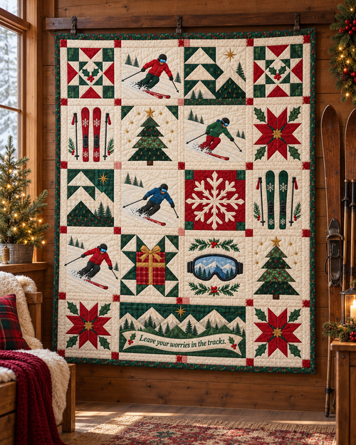 Snowbound Slalom Quilt Blanket - hanging mockup