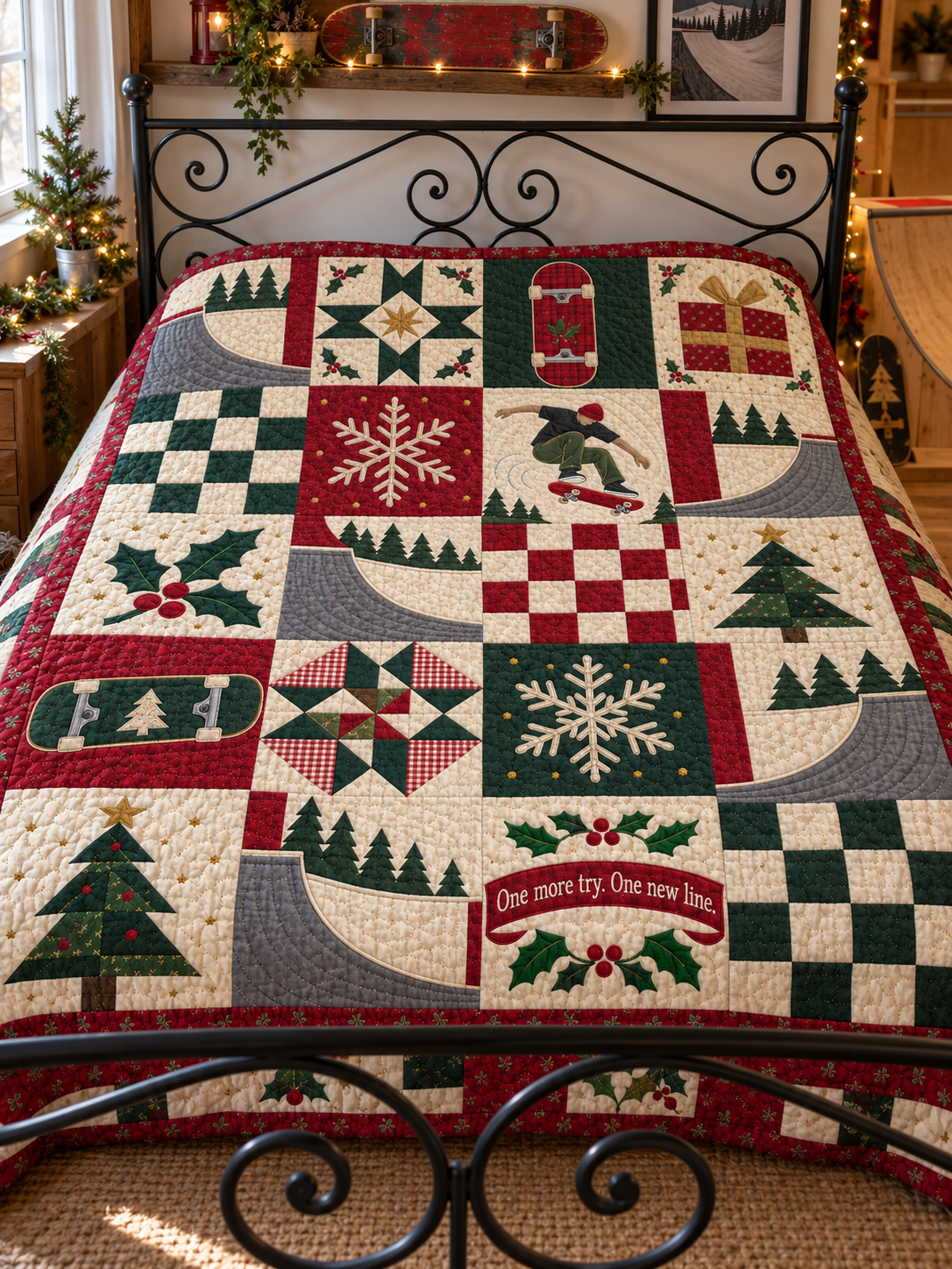 Christmas at the Halfpipe Quilt Blanket - bed mockup