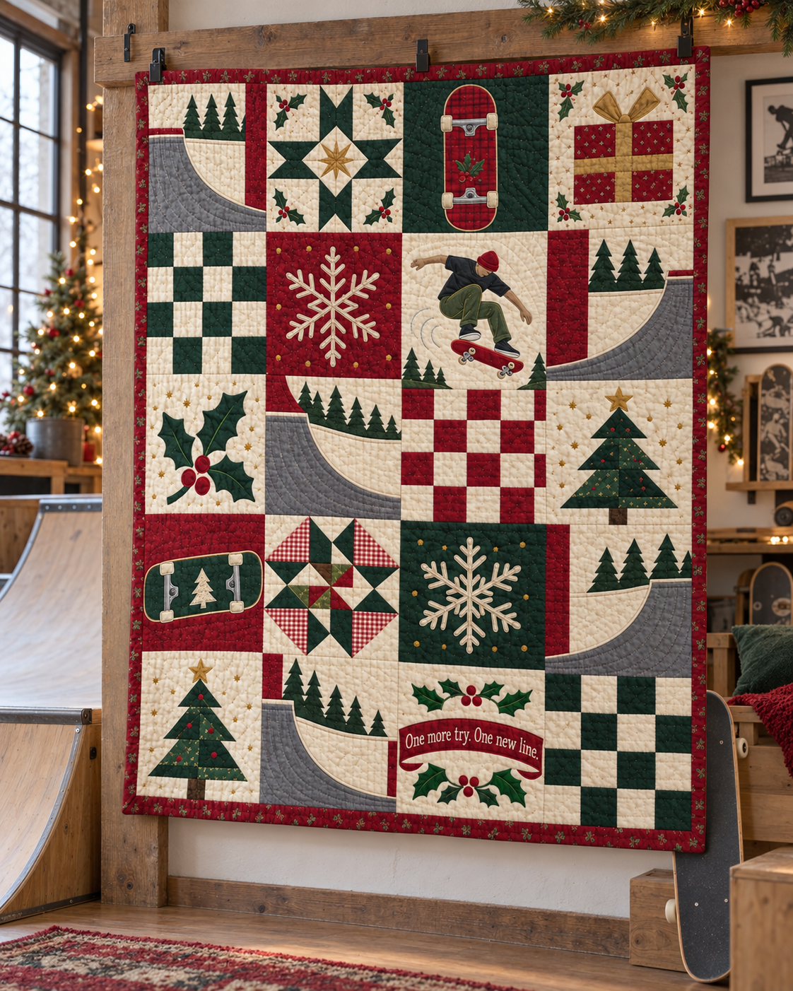 Christmas at the Halfpipe Quilt Blanket - hanging mockup