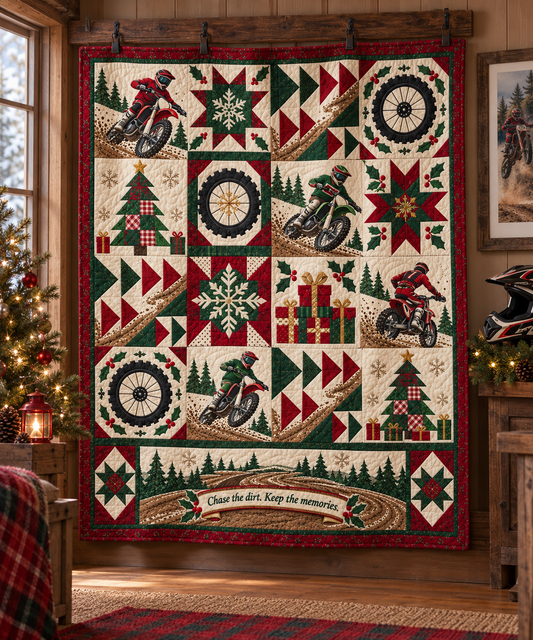 Christmas Dirt Tracks Quilt Blanket - hanging mockup
