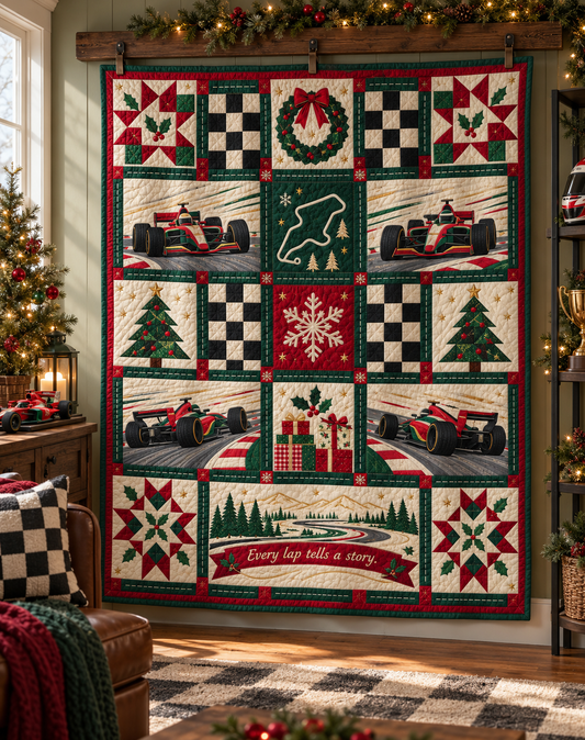 Checkered Flag Christmas Quilt Blanket - hanging mockup
