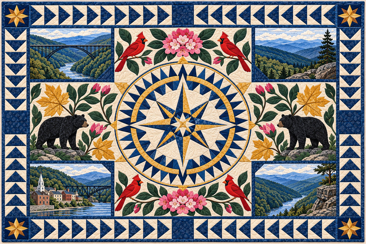 West Virginia Mountain Compass and Cardinals pillow cover design