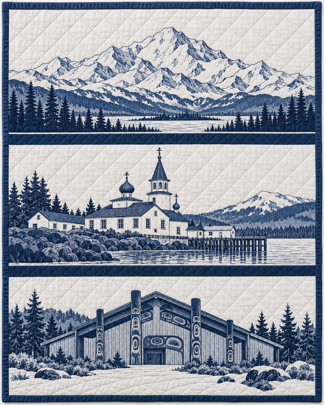 Alaska Landmark Bluework quilt blanket design