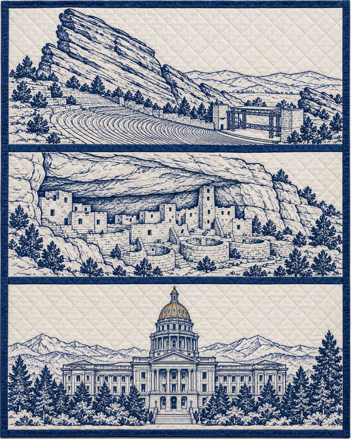 Colorado Landmark Bluework quilt blanket design