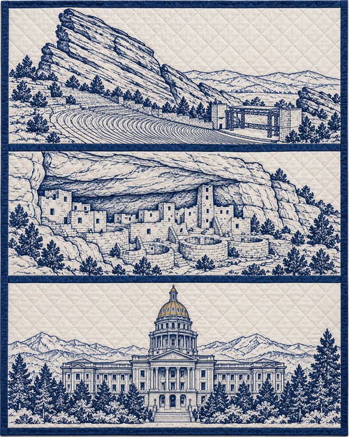 Colorado Landmark Bluework quilt blanket design