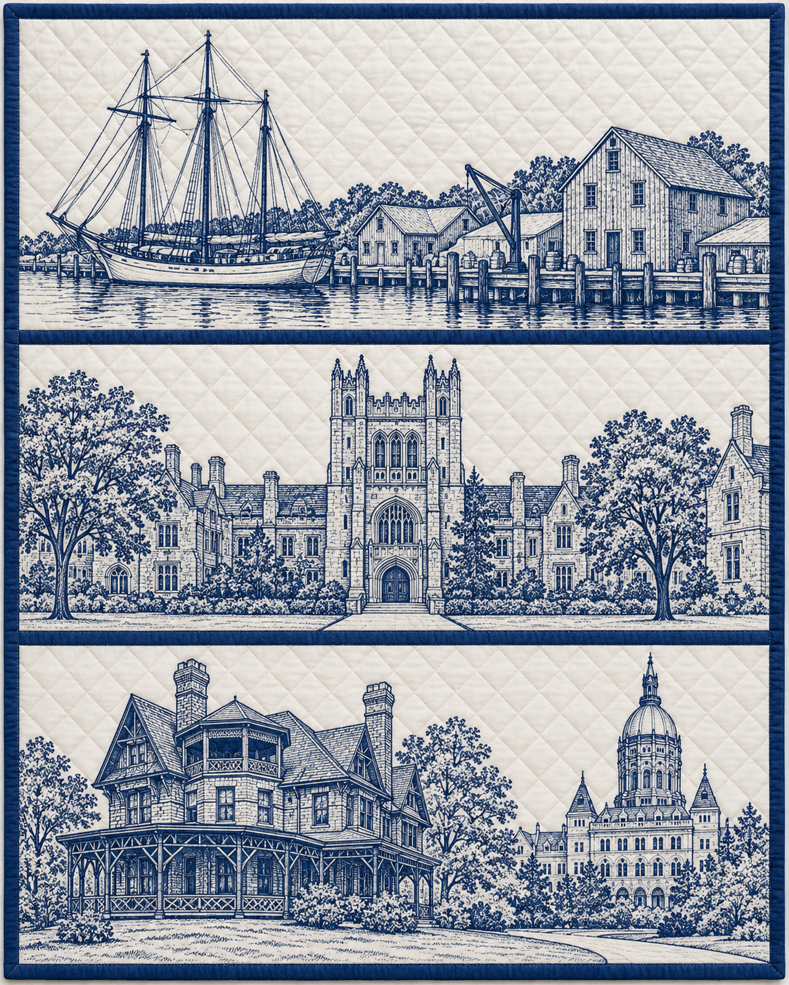 Connecticut Landmark Bluework quilt blanket design