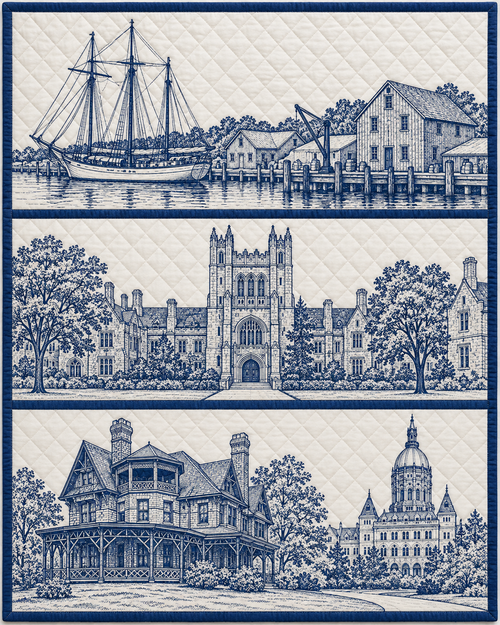 Connecticut Landmark Bluework quilt blanket design