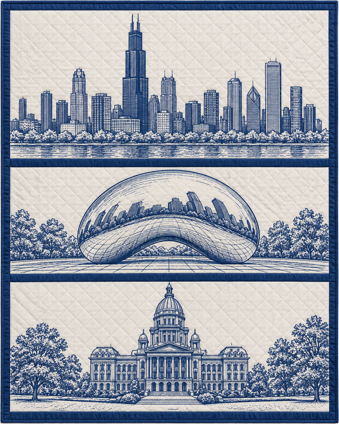 Illinois Landmark Bluework quilt blanket design