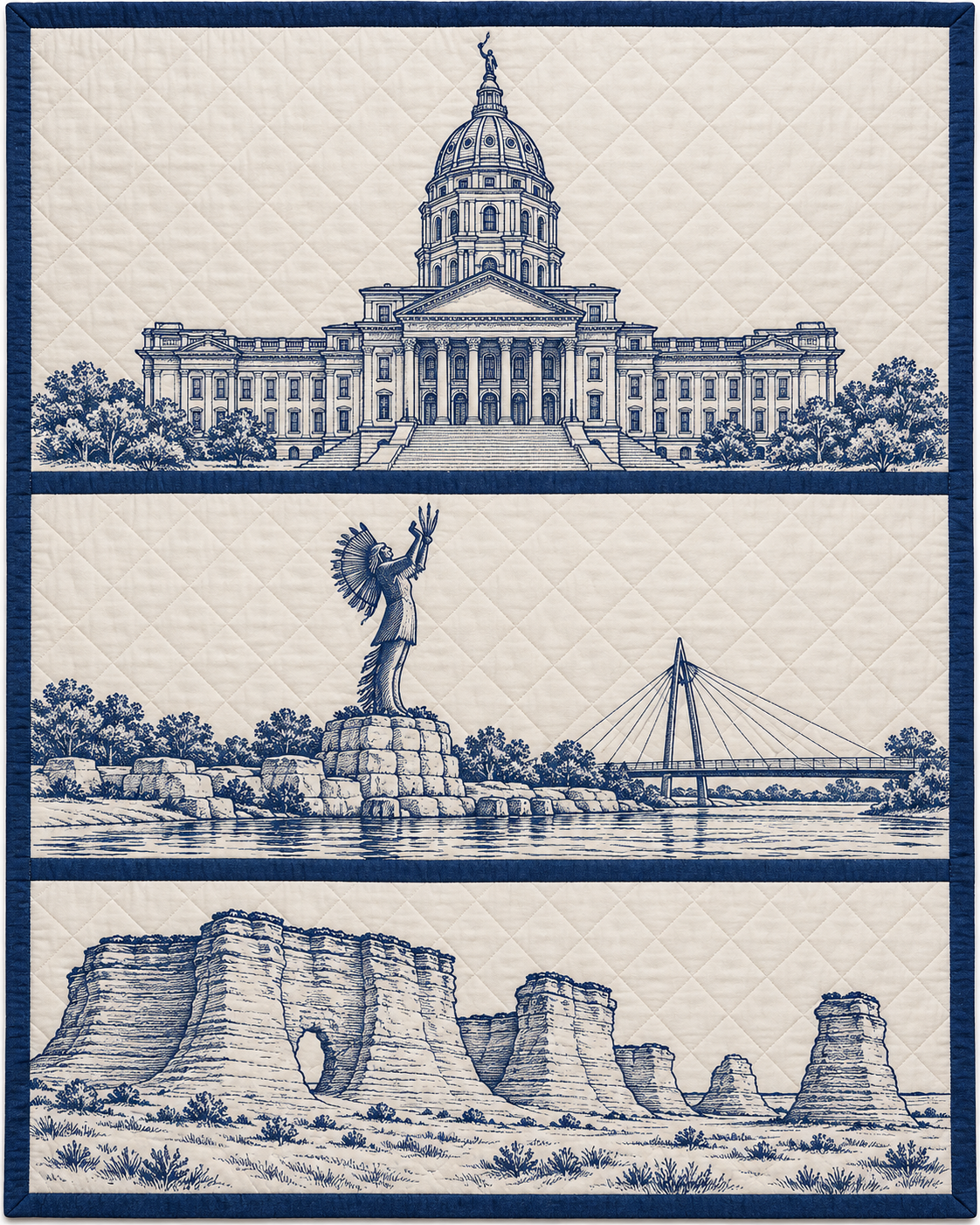 Kansas Landmark Bluework quilt blanket design