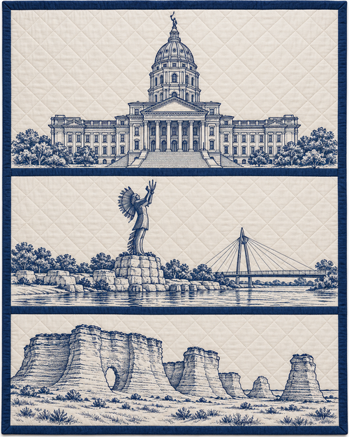 Kansas Landmark Bluework quilt blanket design
