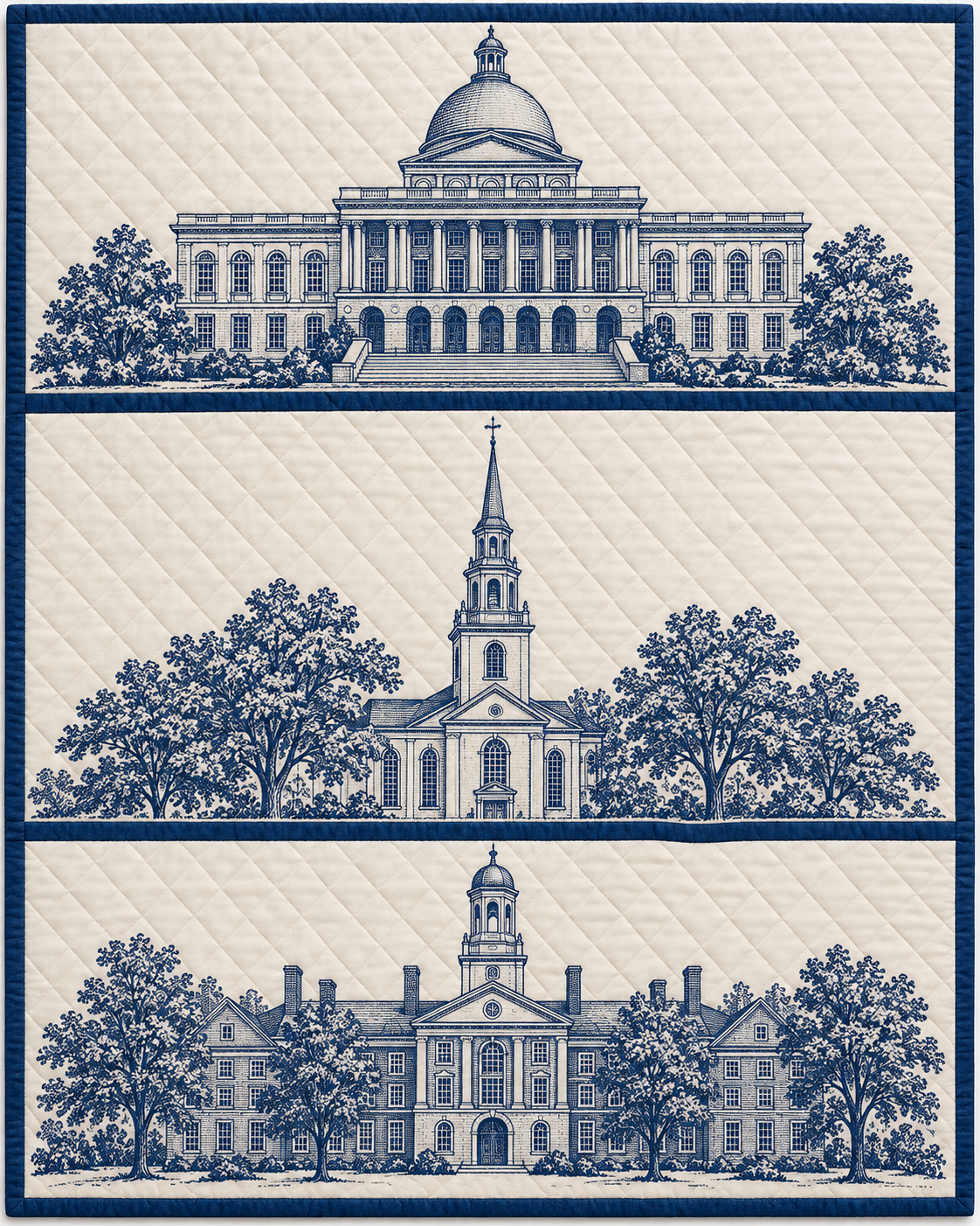 Massachusetts Landmark Bluework quilt blanket design