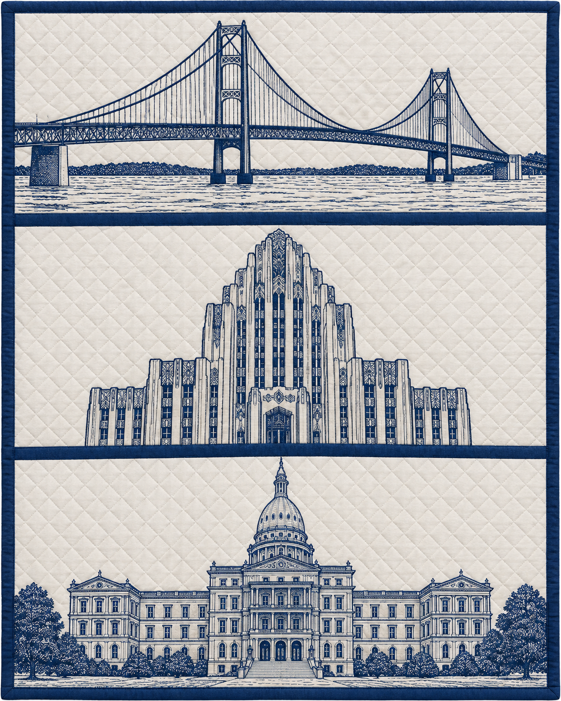 Michigan Landmark Bluework quilt blanket design