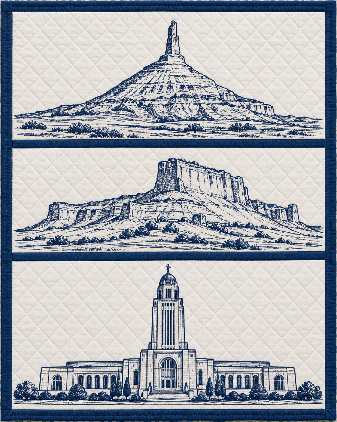 Nebraska Landmark Bluework quilt blanket design
