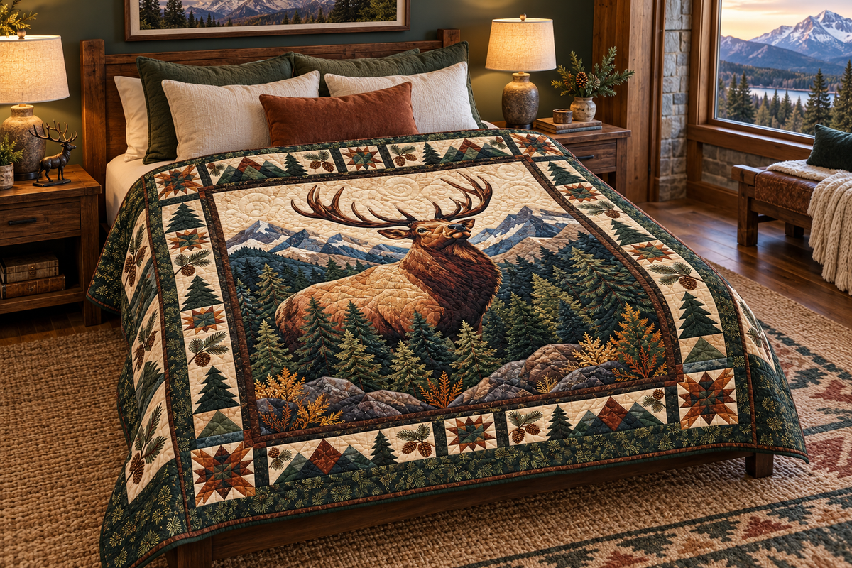 Mountain Elk TD141026892 Quilt Blanket bed mockup in a design-matched room