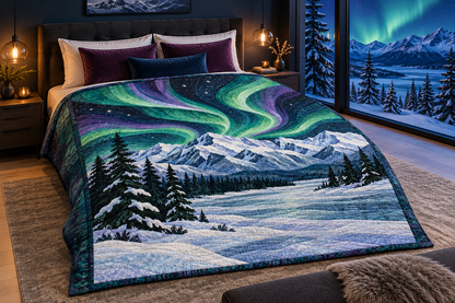 Alaska Aurora Over The Range TD181026106 Quilt Blanket bed mockup in a design-matched room