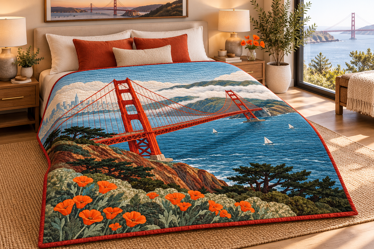 California Golden Gate Threads TD181026121 Quilt Blanket bed mockup in a design-matched room