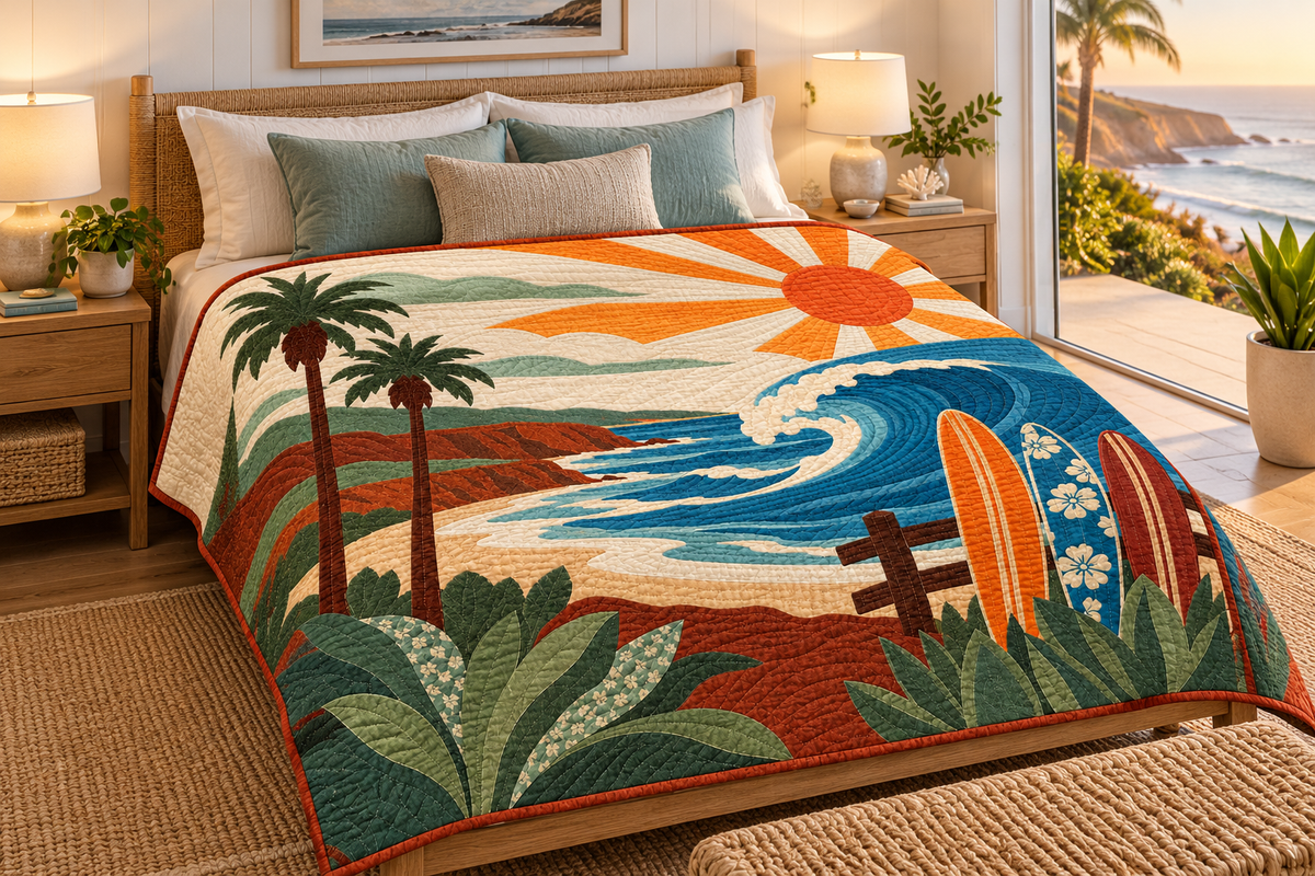 California Pacific Surf Song TD181026123 Quilt Blanket bed mockup in a design-matched room