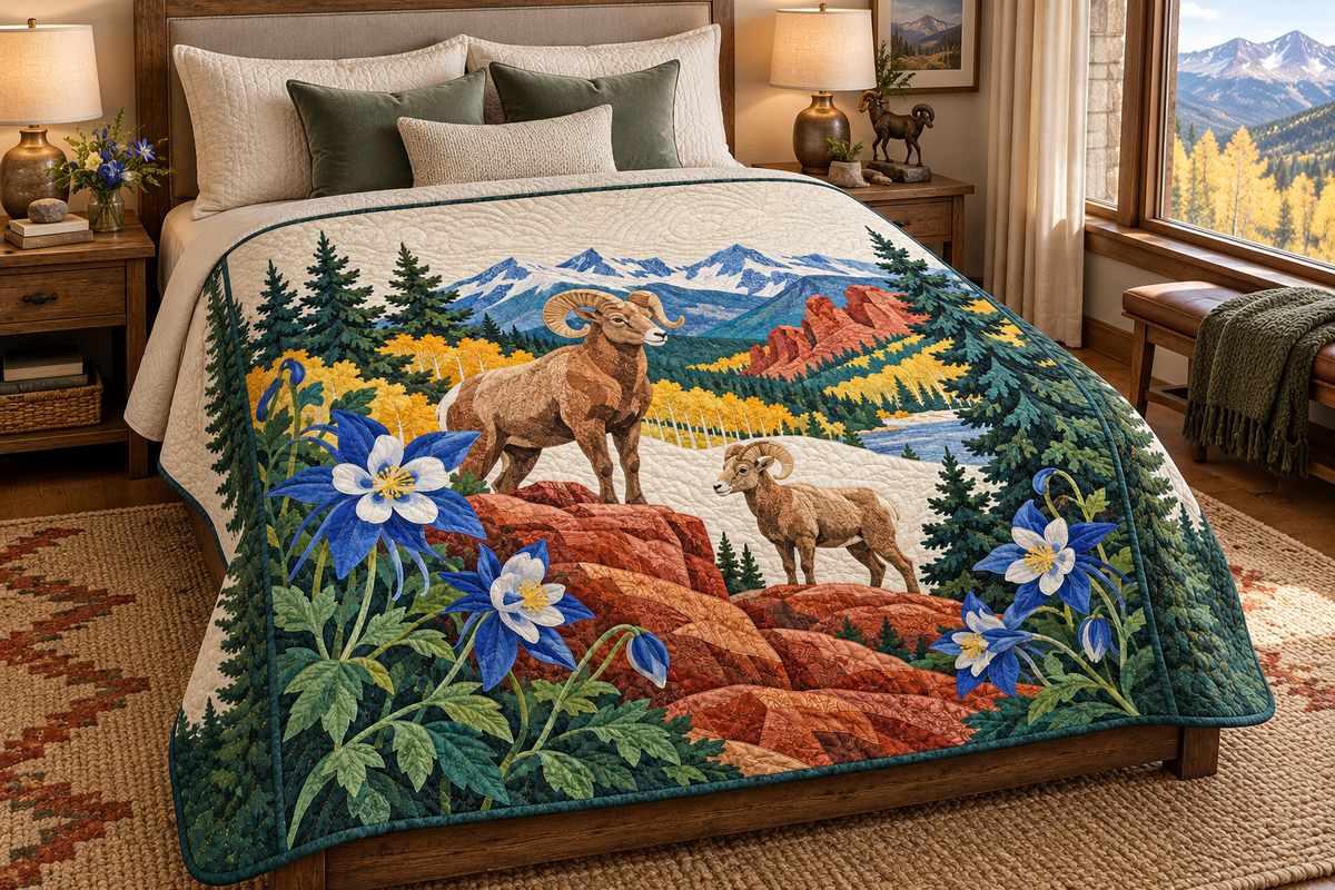 Colorado Columbine And Bighorn TD181026128 Quilt Blanket bed mockup in a design-matched room