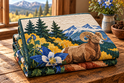 Colorado Columbine And Bighorn TD181026128 Quilt Blanket folded mockup