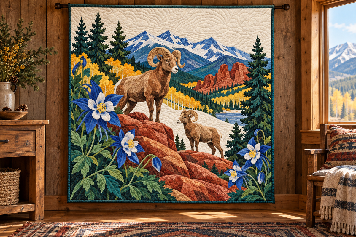 Colorado Columbine And Bighorn TD181026128 Quilt Blanket hanging mockup