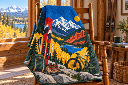 Colorado High Country Weekends TD181026129 Quilt Blanket draped over a wooden chair in a setting inspired by the quilt design