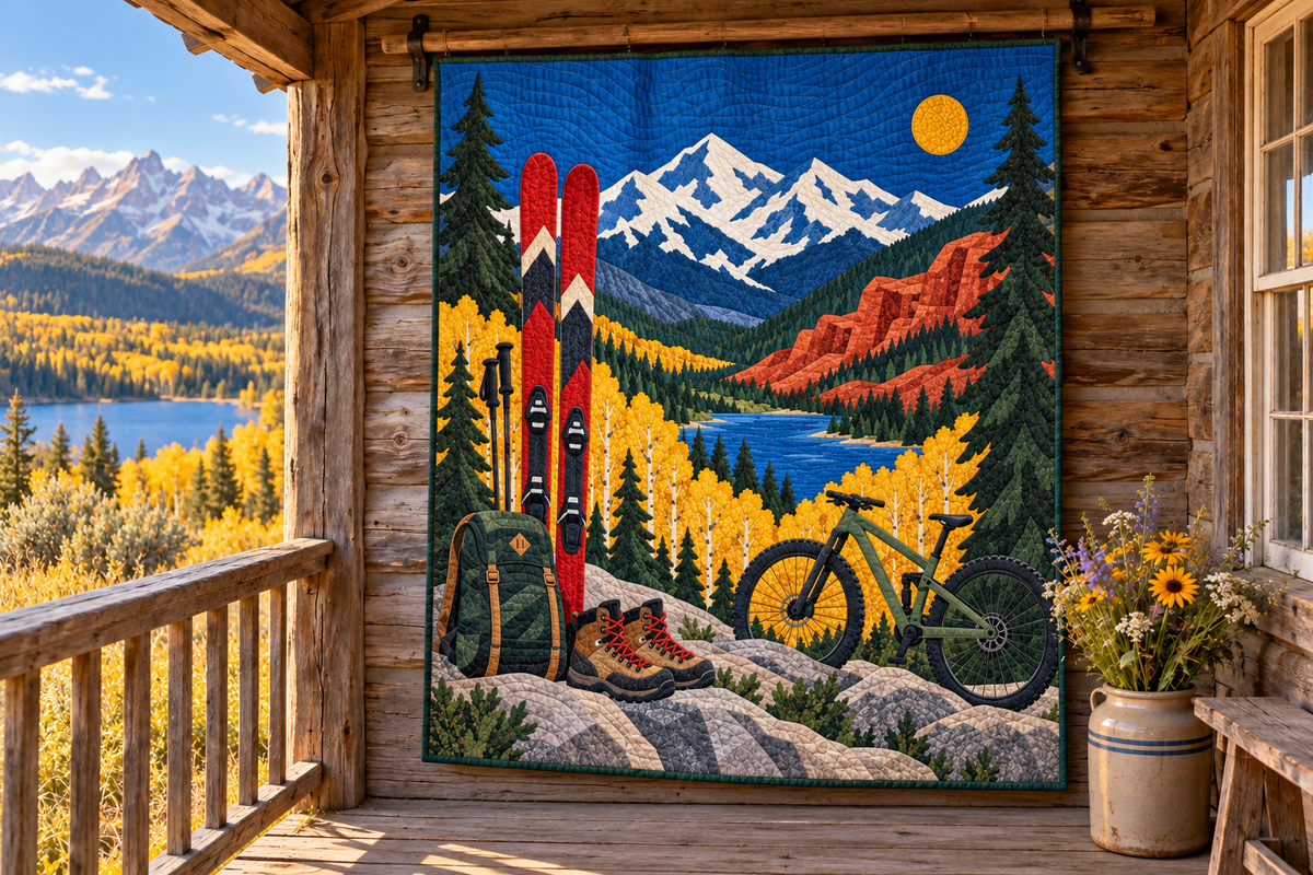 Colorado High Country Weekends TD181026129 Quilt Blanket hanging in a themed outdoor cabin