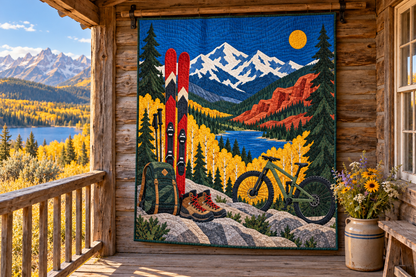 Colorado High Country Weekends TD181026129 Quilt Blanket hanging in a themed outdoor cabin