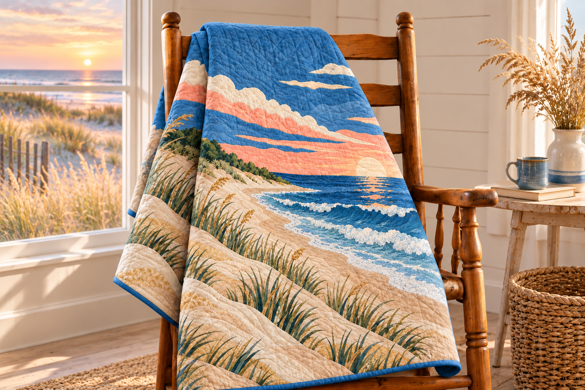 Delaware Henlopen Dune Light TD181026139 Quilt Blanket draped over a wooden chair in a setting inspired by the quilt design