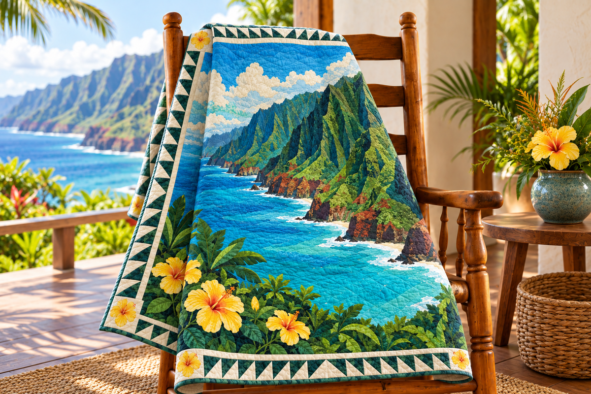 Hawaii Na Pali Light TD181026154 Quilt Blanket draped over a wooden chair in a setting inspired by the quilt design