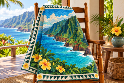 Hawaii Na Pali Light TD181026154 Quilt Blanket draped over a wooden chair in a setting inspired by the quilt design