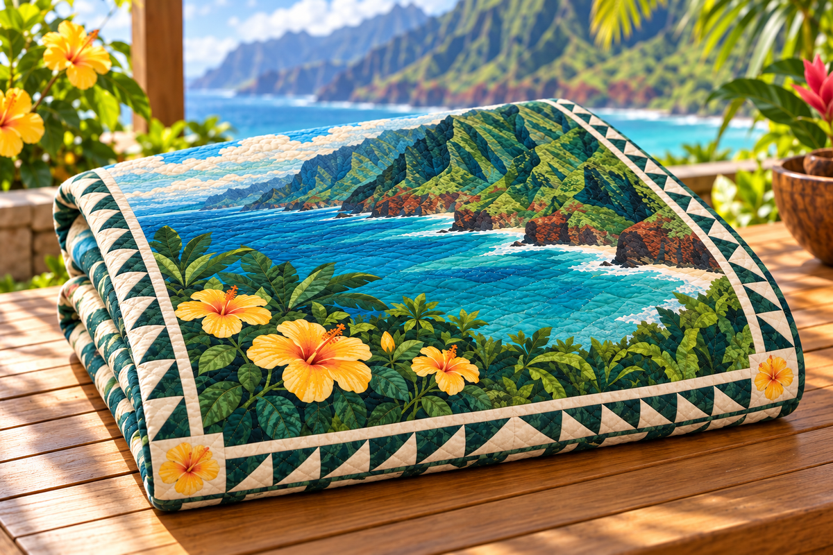 Hawaii Na Pali Light TD181026154 Quilt Blanket folded in a setting matching its design