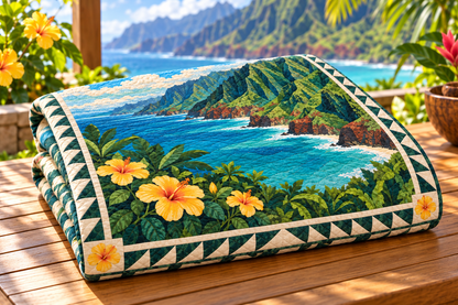 Hawaii Na Pali Light TD181026154 Quilt Blanket folded in a setting matching its design