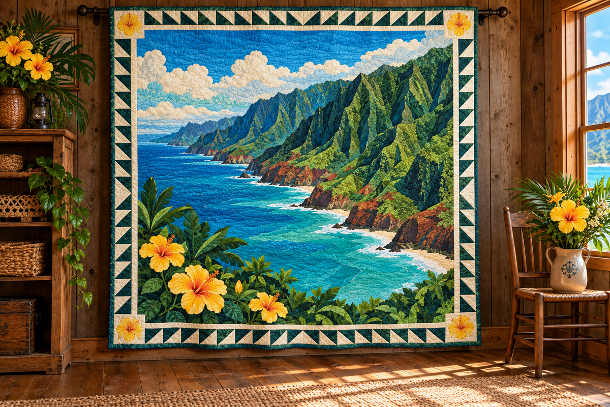 Hawaii Na Pali Light TD181026154 Quilt Blanket hanging in a themed indoor cabin