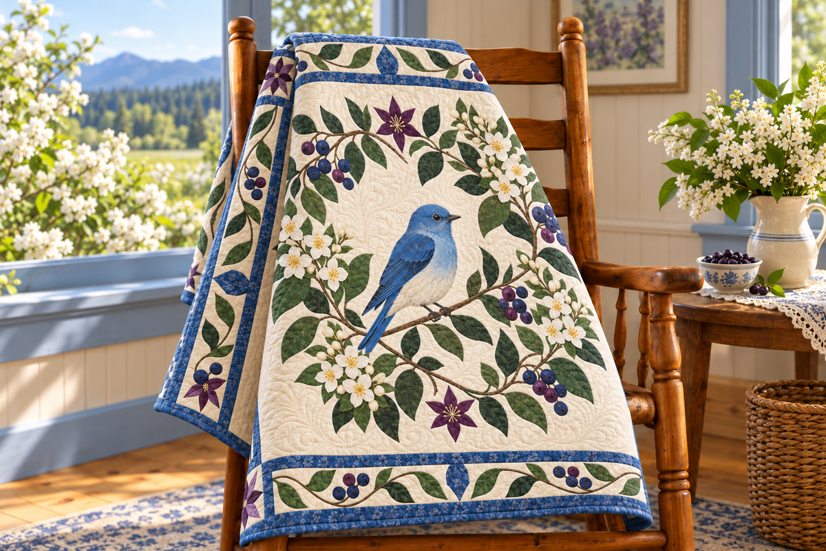 Idaho Bluebird And Syringa TD181026156 Quilt Blanket draped over a wooden chair in a setting inspired by the quilt design