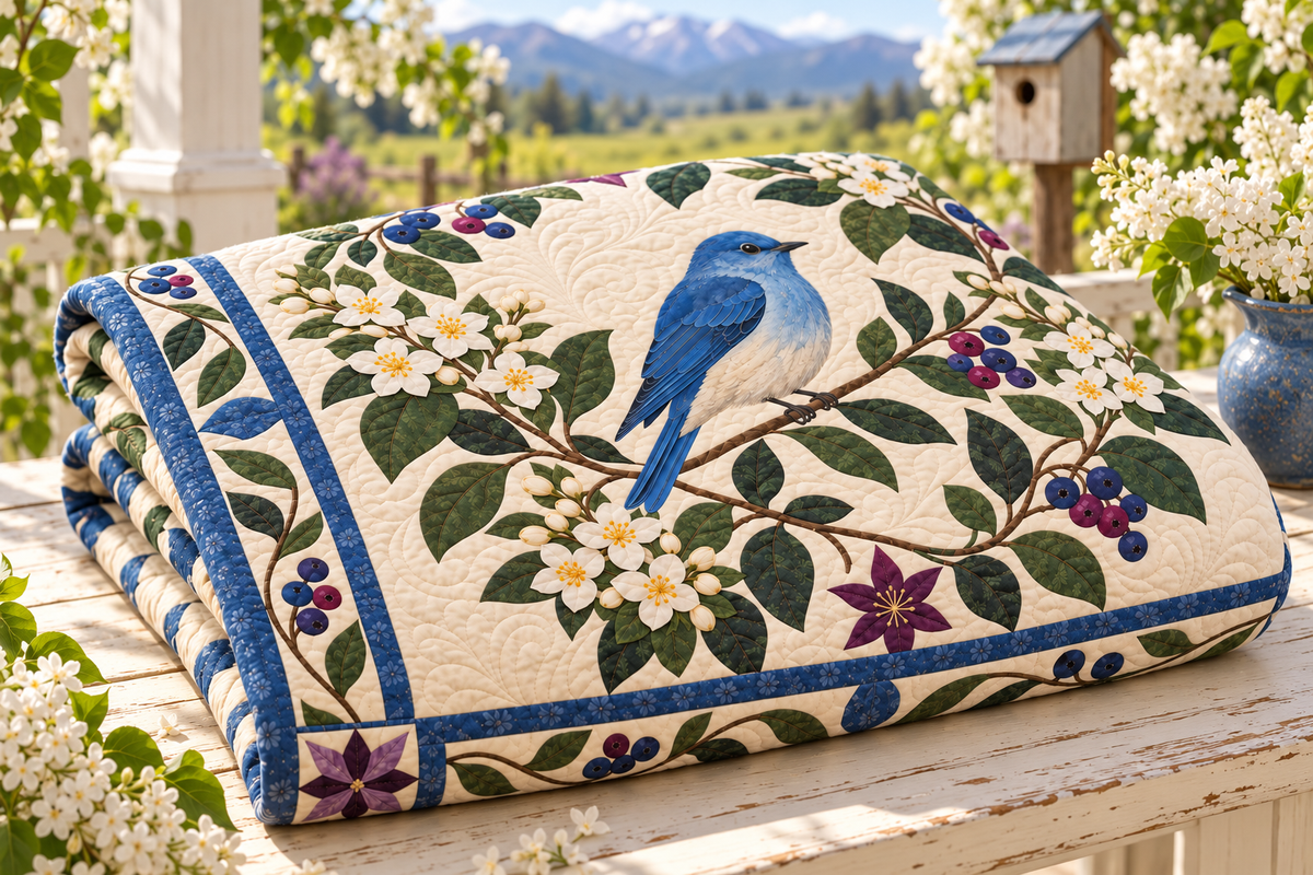 Idaho Bluebird And Syringa TD181026156 Quilt Blanket folded in a setting matching its design