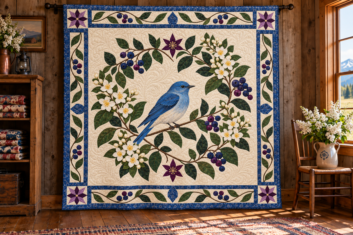 Idaho Bluebird And Syringa TD181026156 Quilt Blanket hanging in a themed indoor cabin