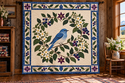 Idaho Bluebird And Syringa TD181026156 Quilt Blanket hanging in a themed indoor cabin