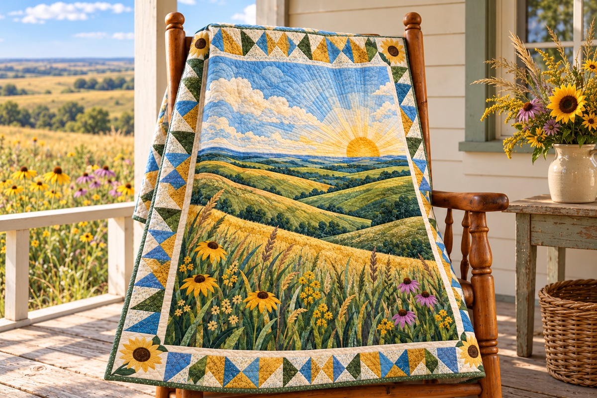 Kansas Flint Hills Wind TD181026176 Quilt Blanket draped over a wooden chair in a setting inspired by the quilt design