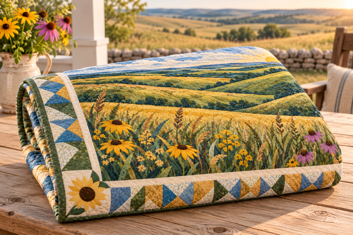 Kansas Flint Hills Wind TD181026176 Quilt Blanket folded in a setting matching its design